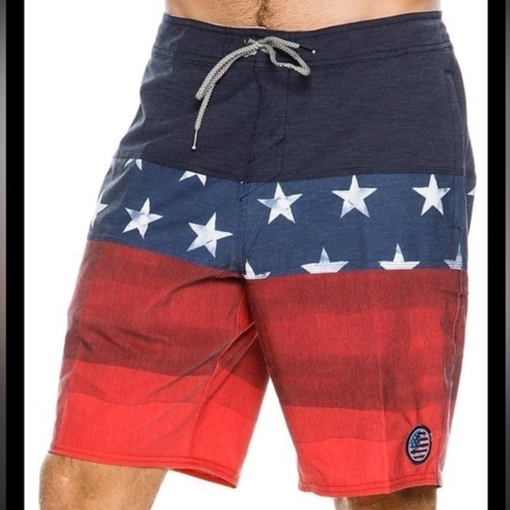 🐠O'Neill Board Short Red White Blue American Flag Stars Surf Swim Trunks BUDGET